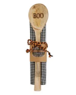 HALLOWEEN OBJEKTE ONLINE Verkäufe 12 "Boo" Motiv Holzlöffel & Geschirrtuch Set